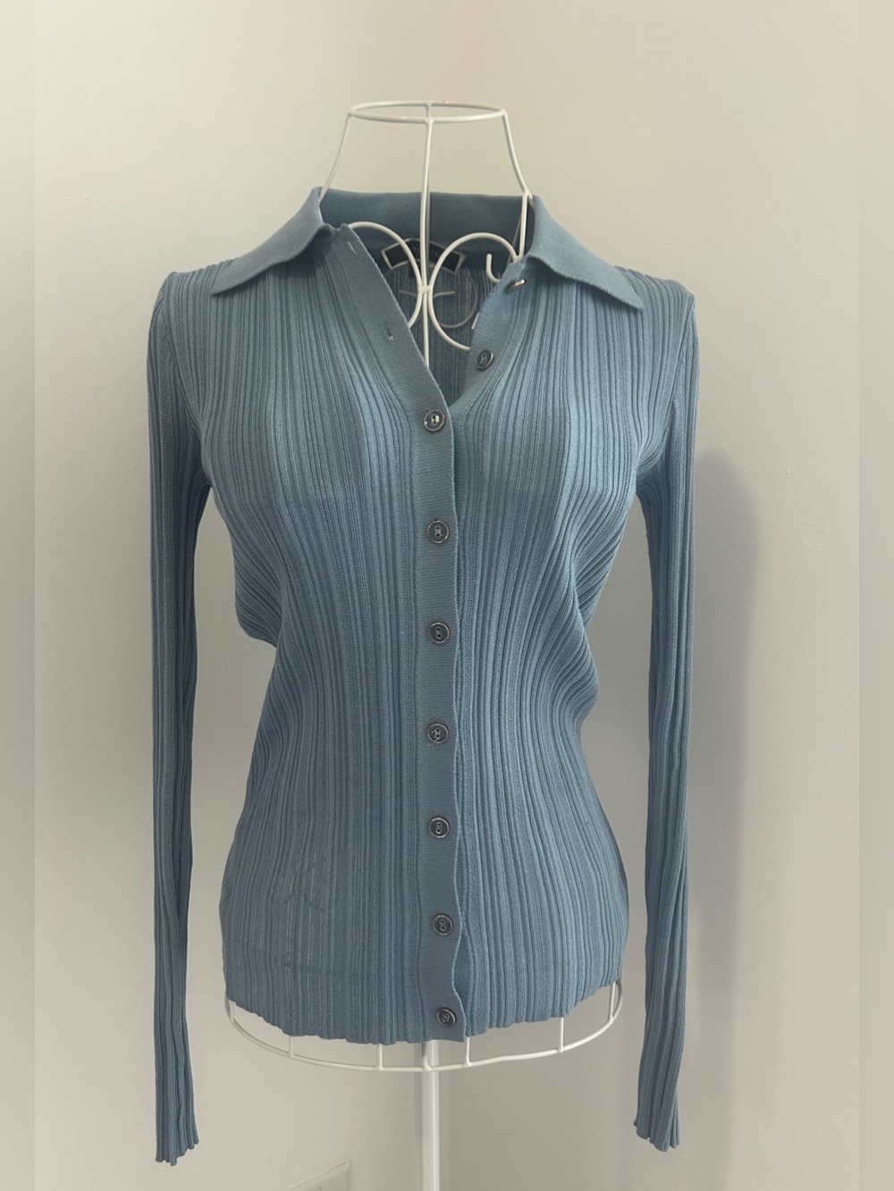 Melanie Lyne Ribbed Knit Polo Cardigan Light Blue - Size XS